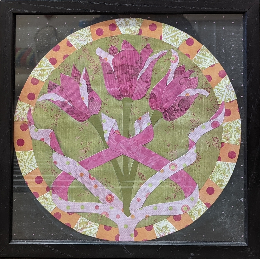 Artisan handcrafted tulip flower original art collage in wood frame 12" x 12"